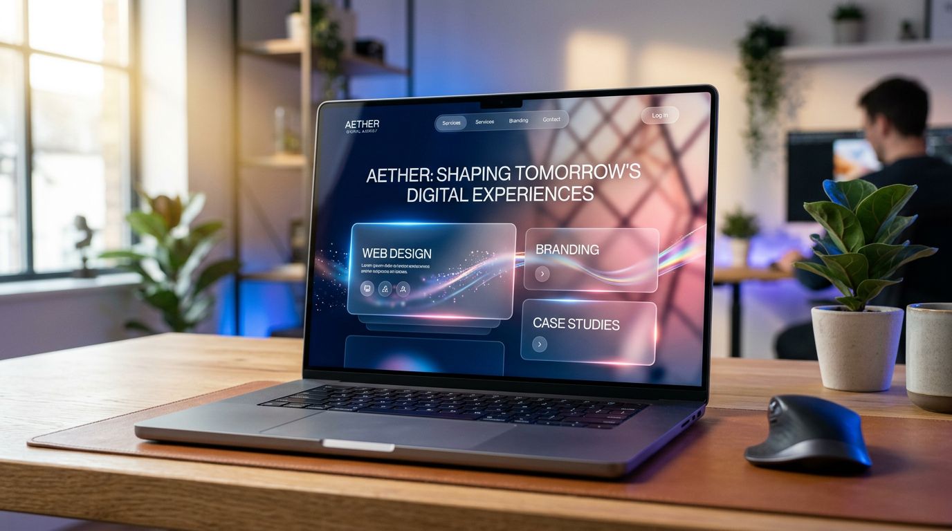 Interface webdesign Liquid Glass avec effets de transparence et réfraction sur fond sombre moderne