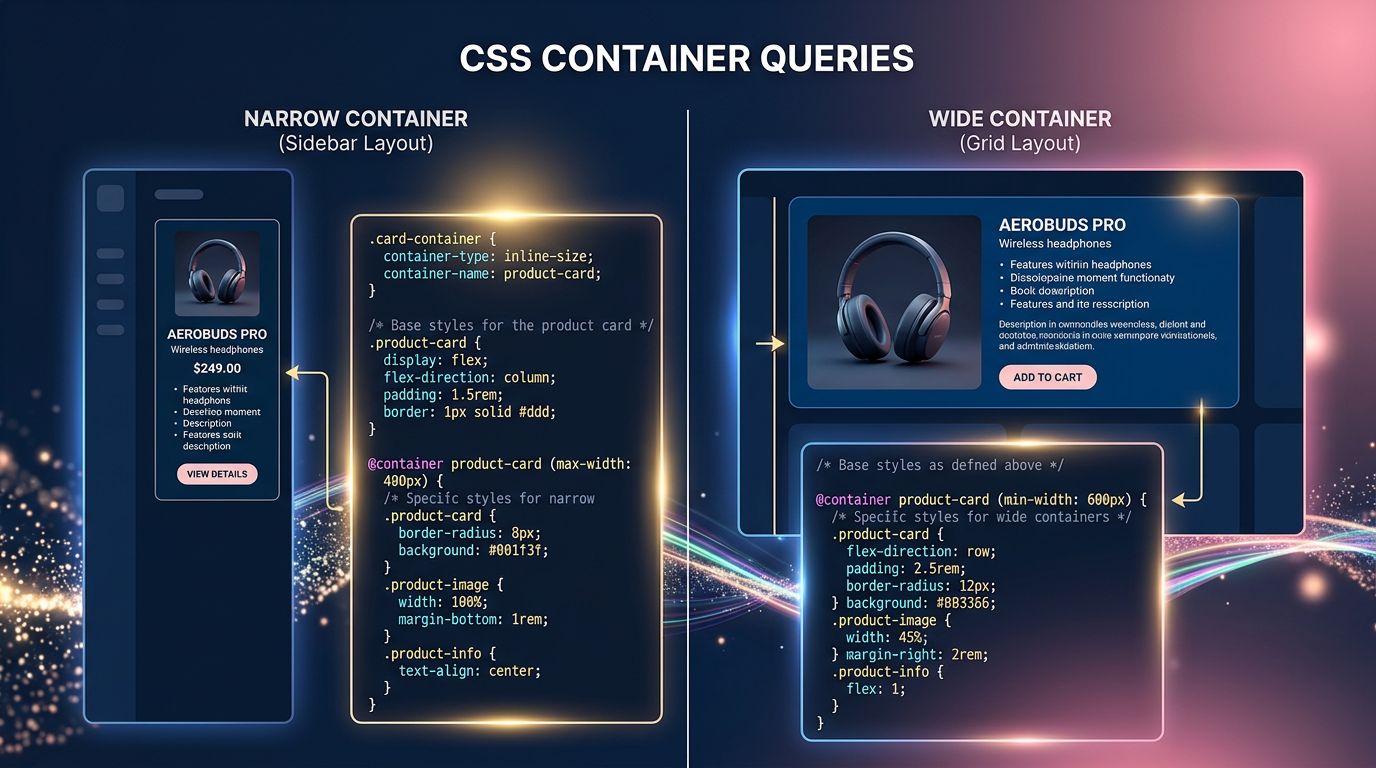 Diagramme CSS Container Queries montrant l'adaptation d'un composant selon son conteneur parent