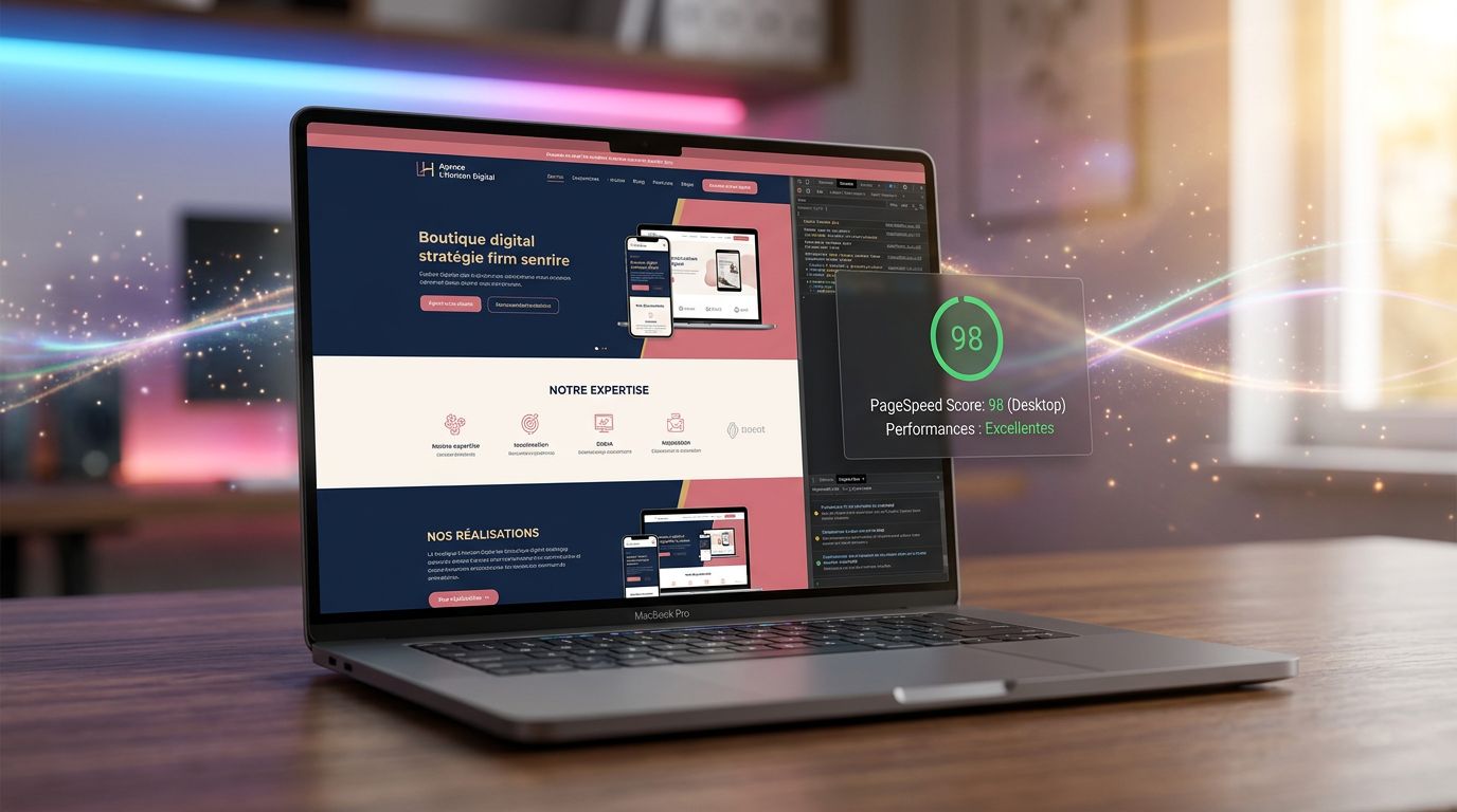 Site web PME avec animations au défilement optimisées et score PageSpeed élevé visible