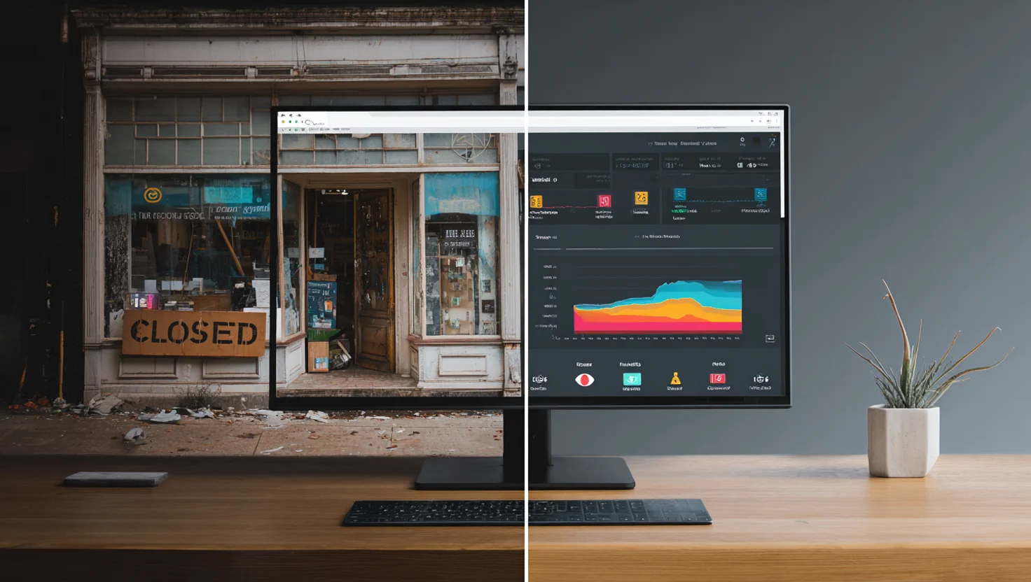 Comparison abandoned shop versus optimized website with analytics and conversions