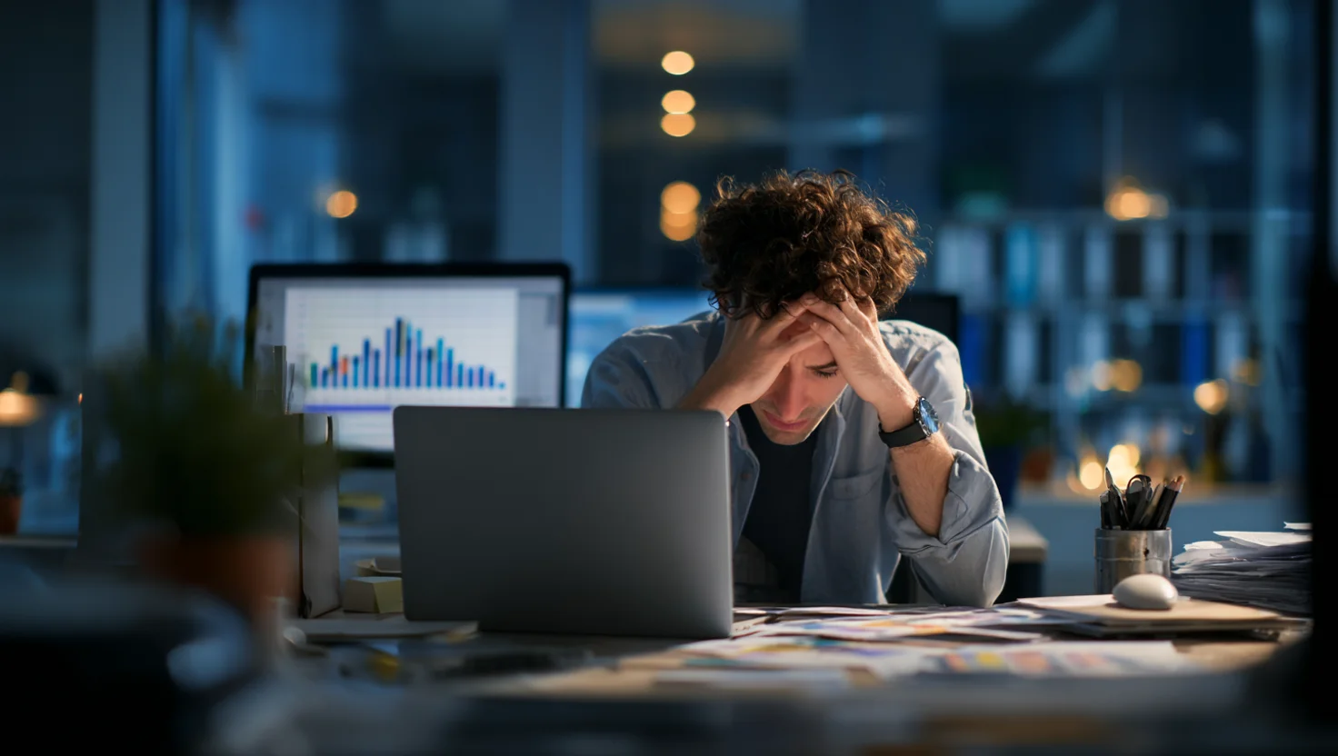 Frustrated small business owner analyzing website with zero traffic and conversions