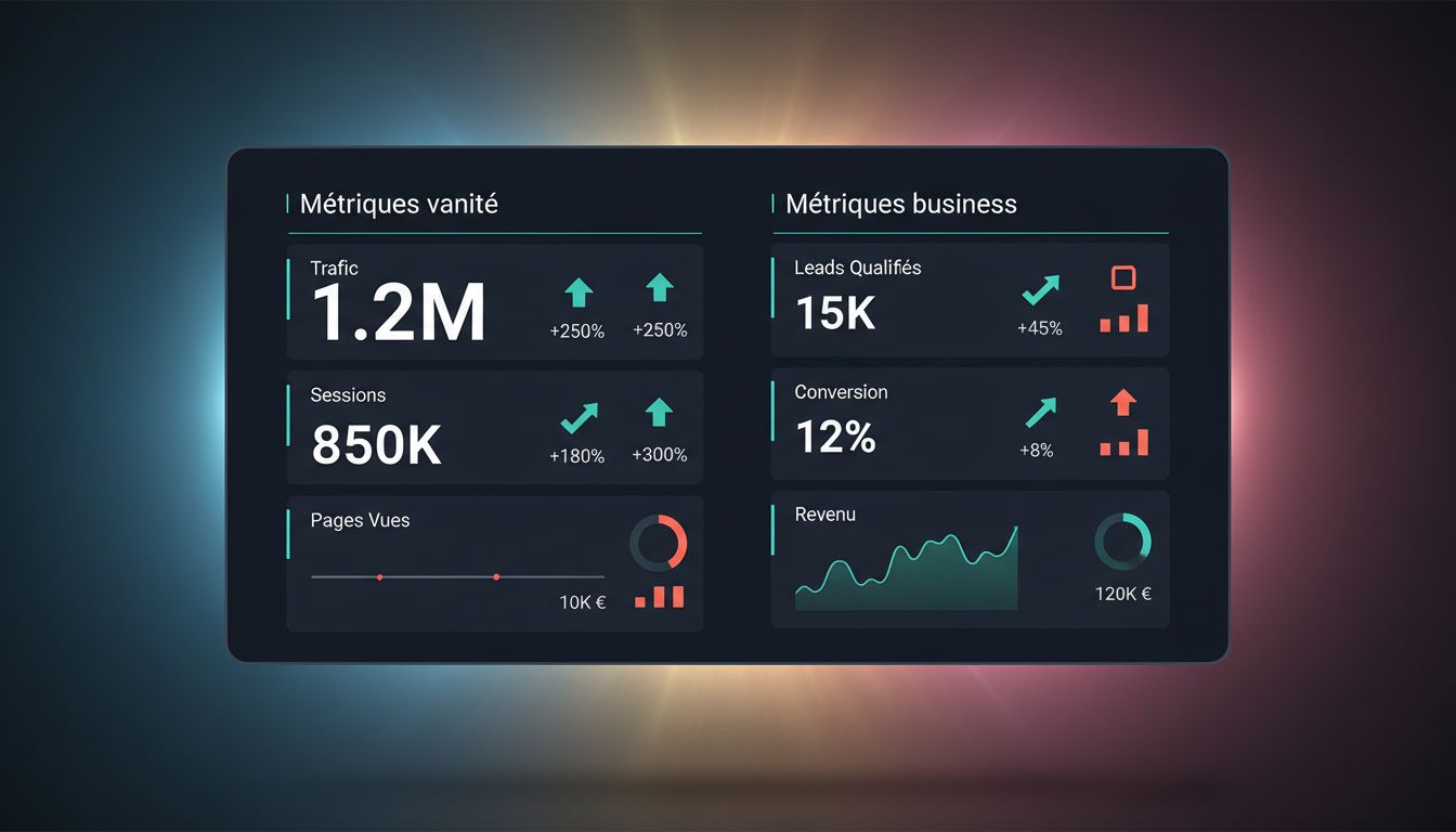 Dashboard comparant métriques de vanité et indicateurs business réels — sessions vs leads qualifiés, trafic vs chiffre d'affaires