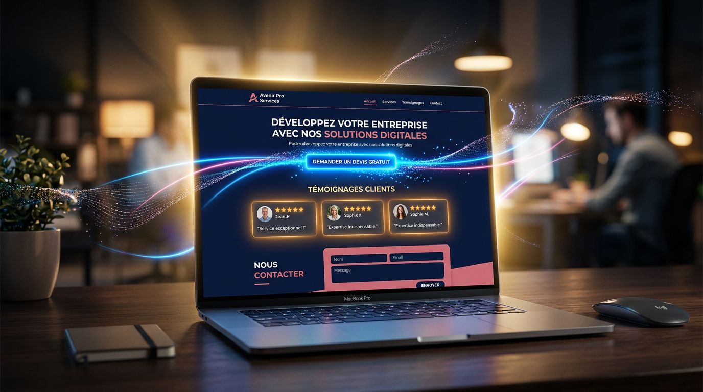 Page de service d une PME avec bouton d action visible, témoignages clients et formulaire de contact intégré