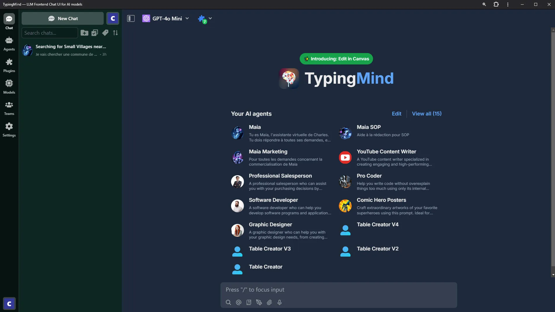 fenêtre d'accueil de TypingMind