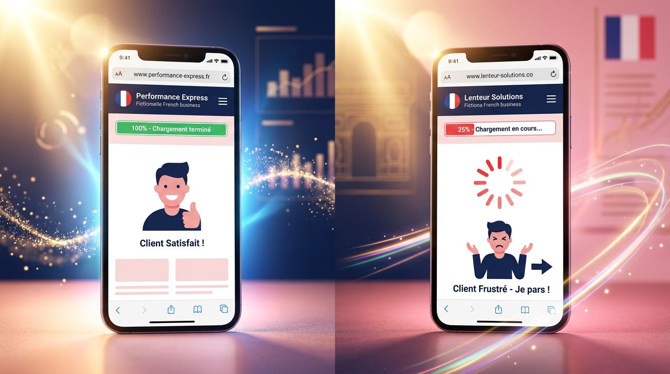 Comparaison entre un site rapide et un site lent sur mobile, montrant l'impact sur l'expérience utilisateur