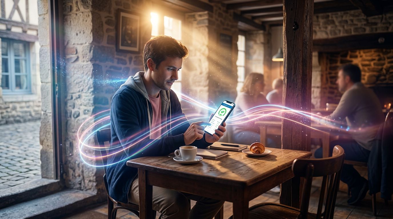 Un client en déplacement consulte un site web d'entreprise normande sur son smartphone