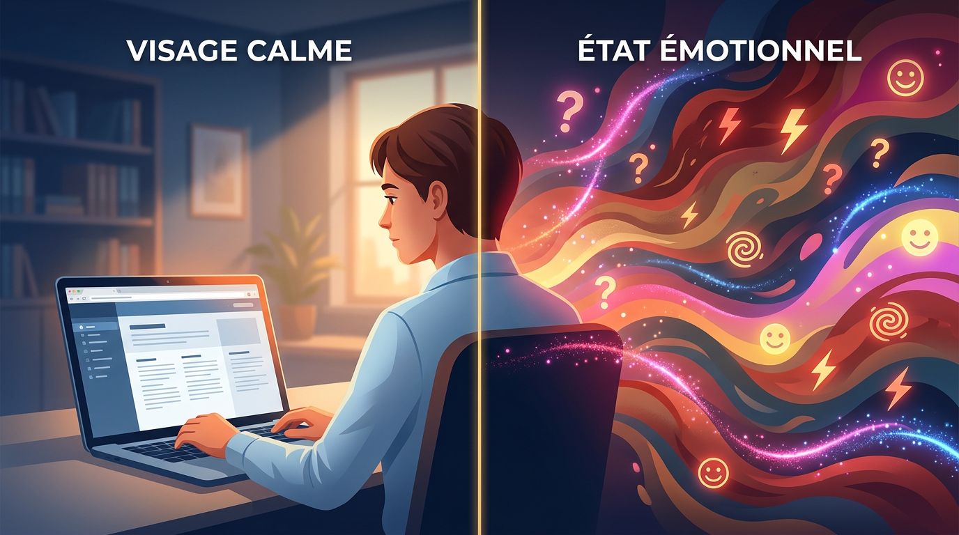 Illustration montrant l'écart entre l'expression visible d'un utilisateur et son état émotionnel réel lors de la navigation