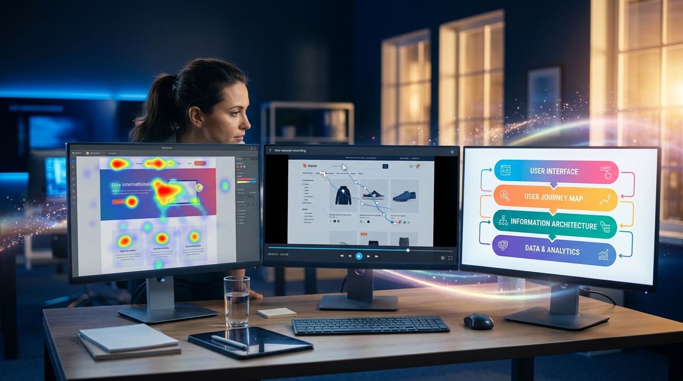 Designer UX analysant des heatmaps et enregistrements de sessions pour comprendre le comportement réel des utilisateurs