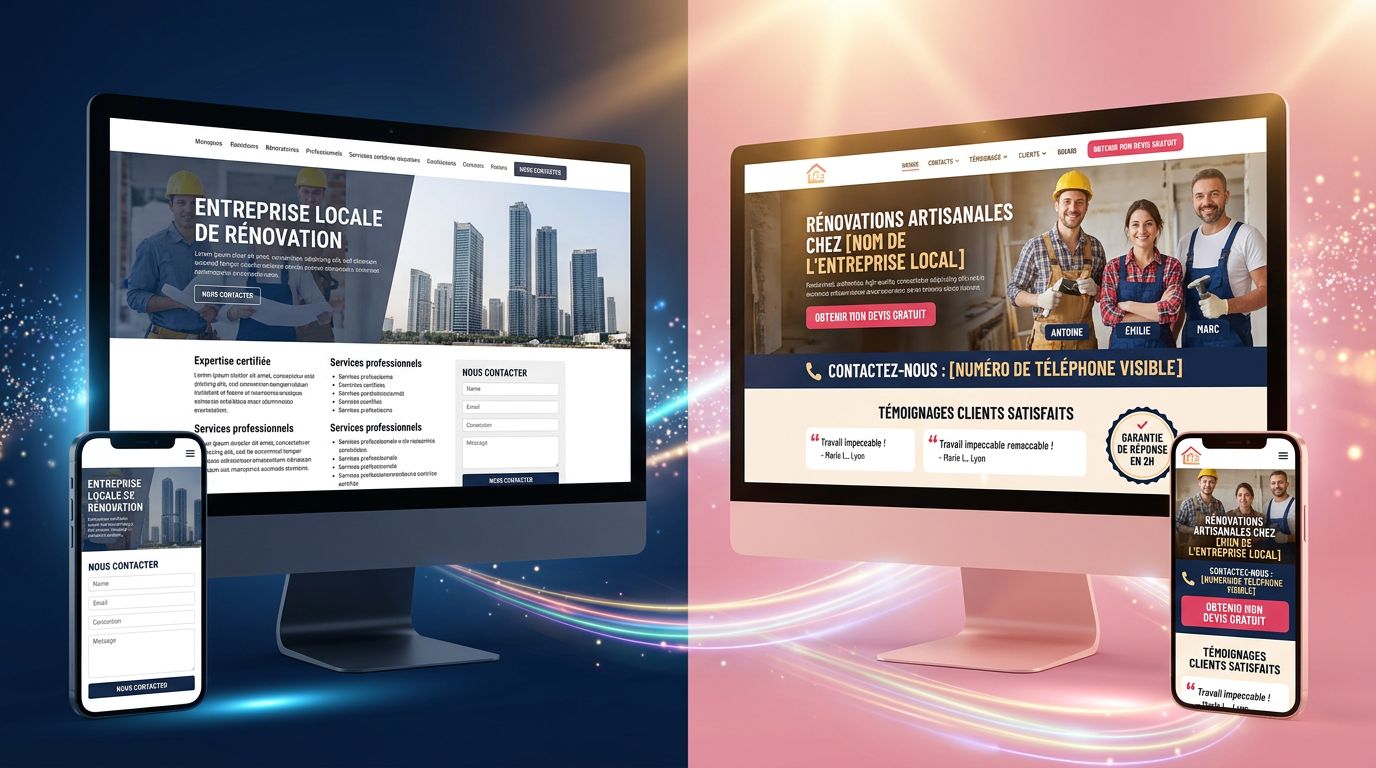 Comparaison avant/après d'un site PME : version générique vs version conçue avec une compréhension profonde des clients