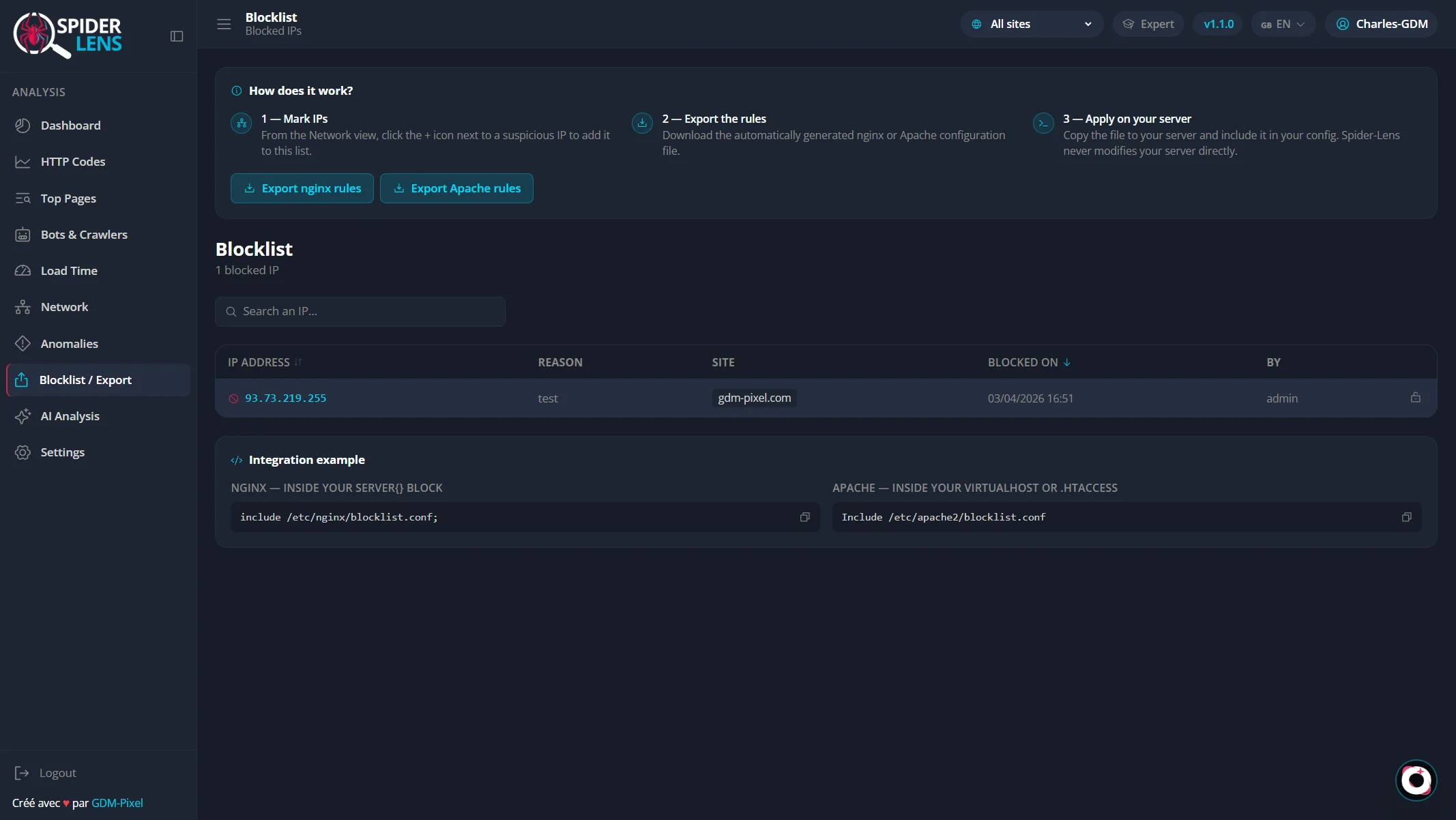 Spider-Lens — Gestion de la blocklist IP