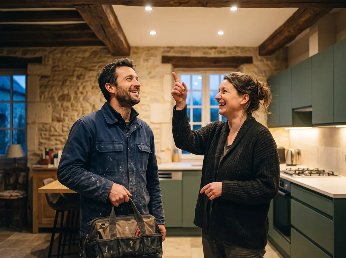 Claire and Hugo laughing in Claire's kitchen, under the new lights
