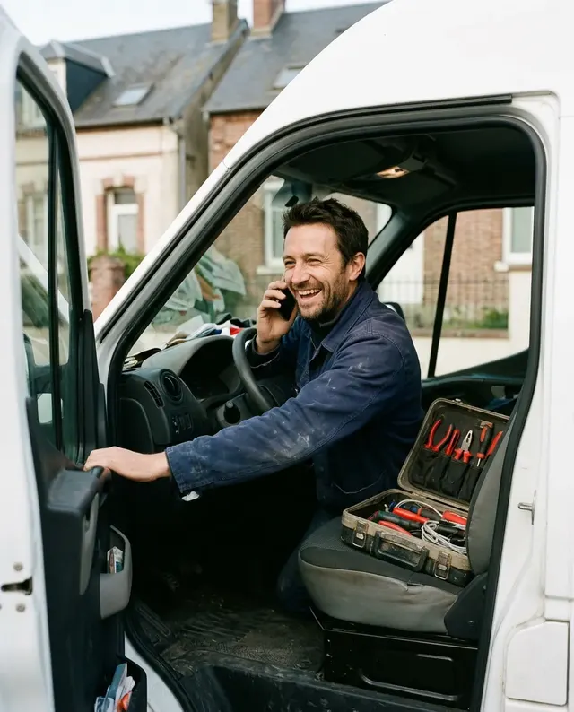 Hugo, sitting in his van, picks up his phone with a smile