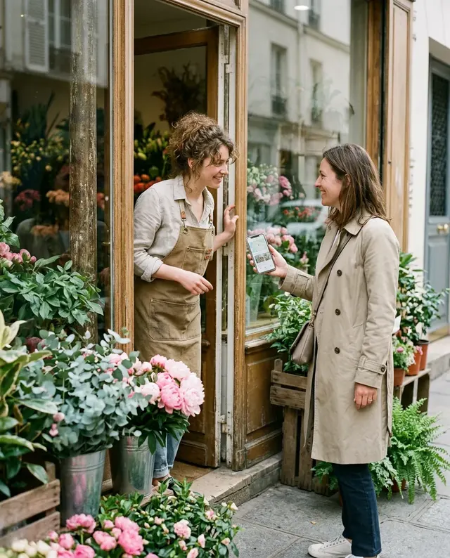 A florist welcomes a customer at her shop door, both smiling