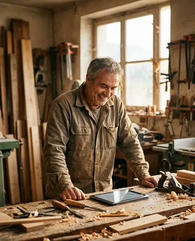 A carpenter smiles as he reads a request on his tablet, in his workshop