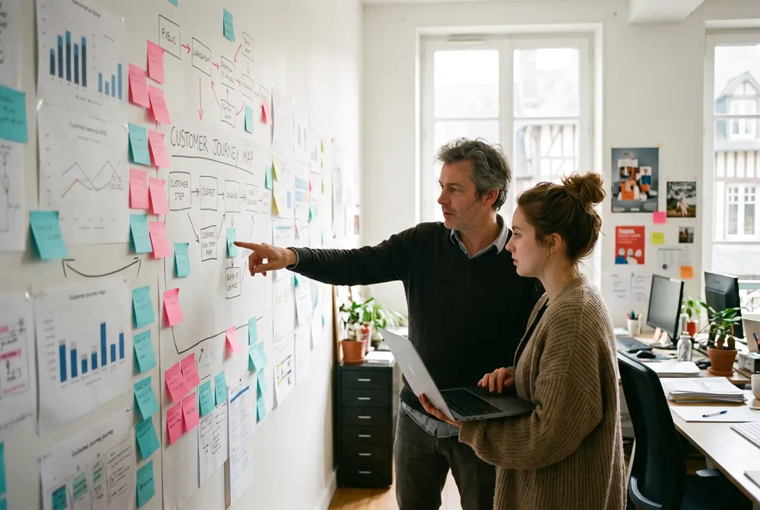 Two people from the agency in front of a wall covered with a customer journey and traffic charts