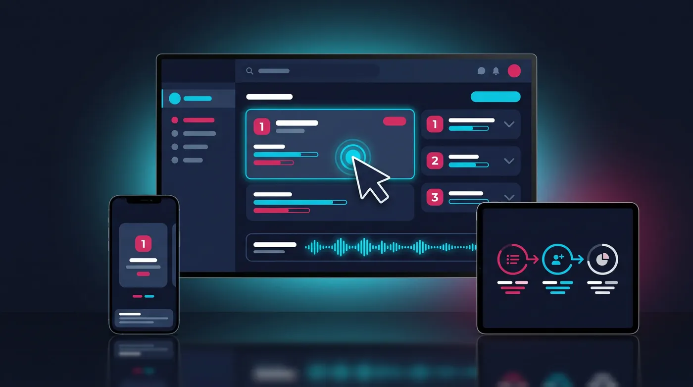 A software explainer video with voice-over, shown on a screen, a tablet and a phone