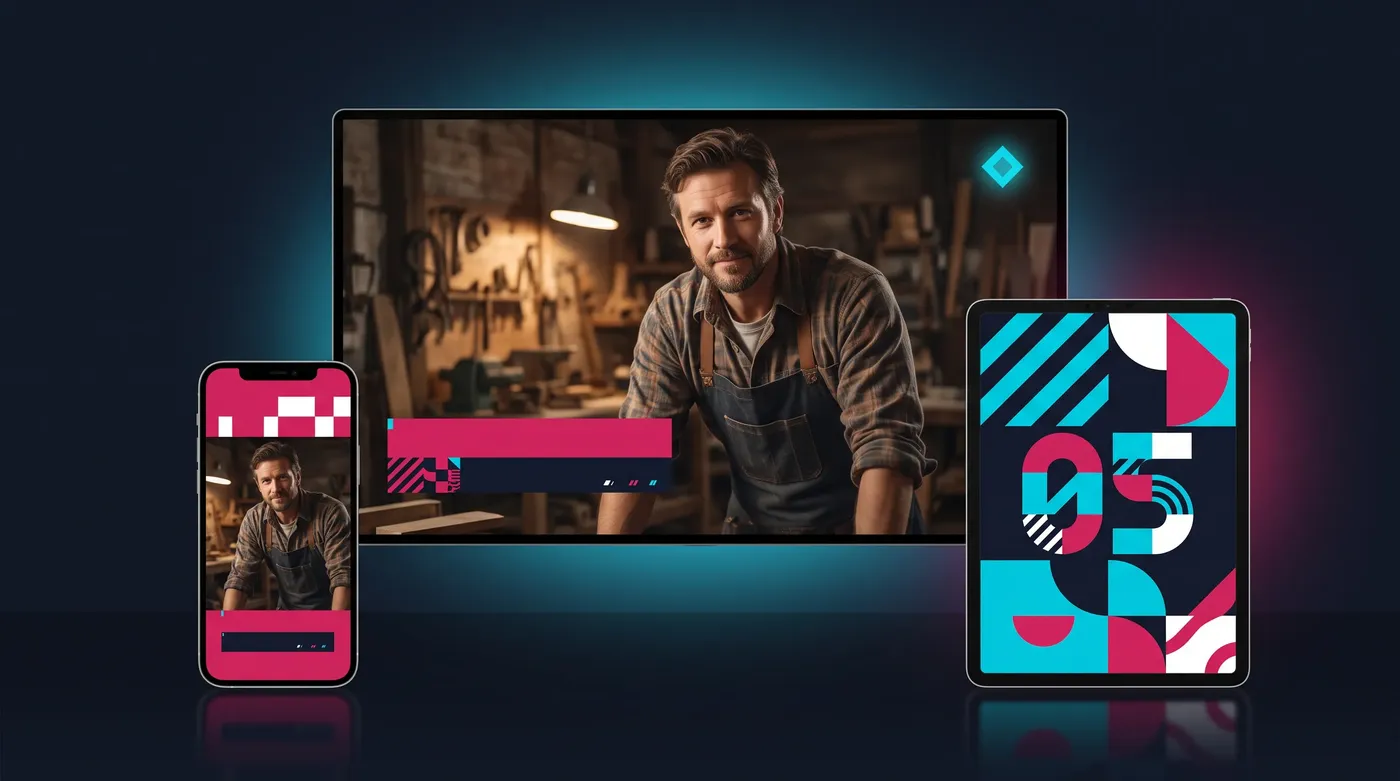 Branding for a video show: lower third, logo and episode card, on a screen, a tablet and a phone