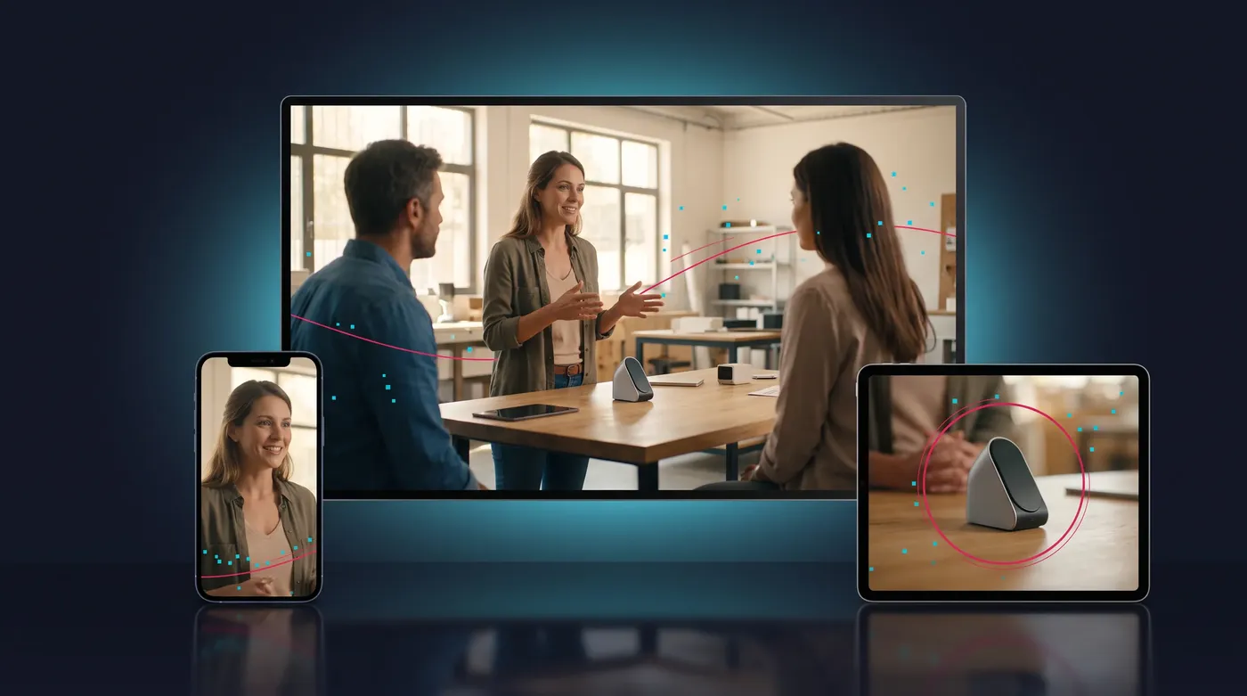 A brand video on a desktop screen, a tablet and a phone, each in its own format