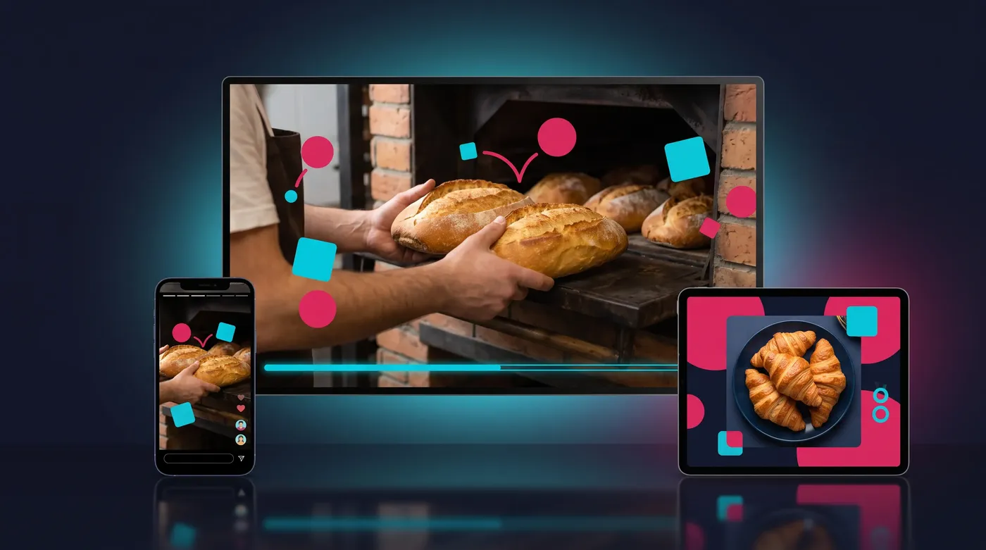 A short social video, as a story on the phone, a square post on the tablet, 16:9 on the screen