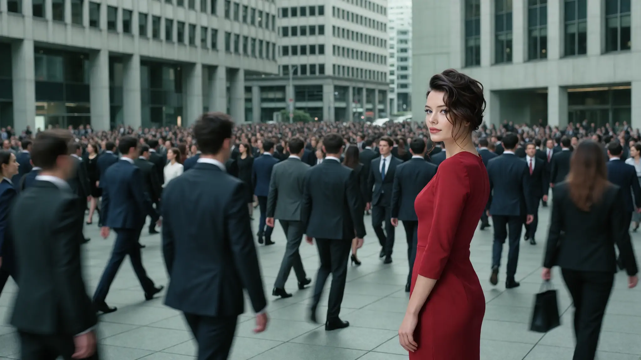 Dans une foule grise, une femme en robe rouge te regarde