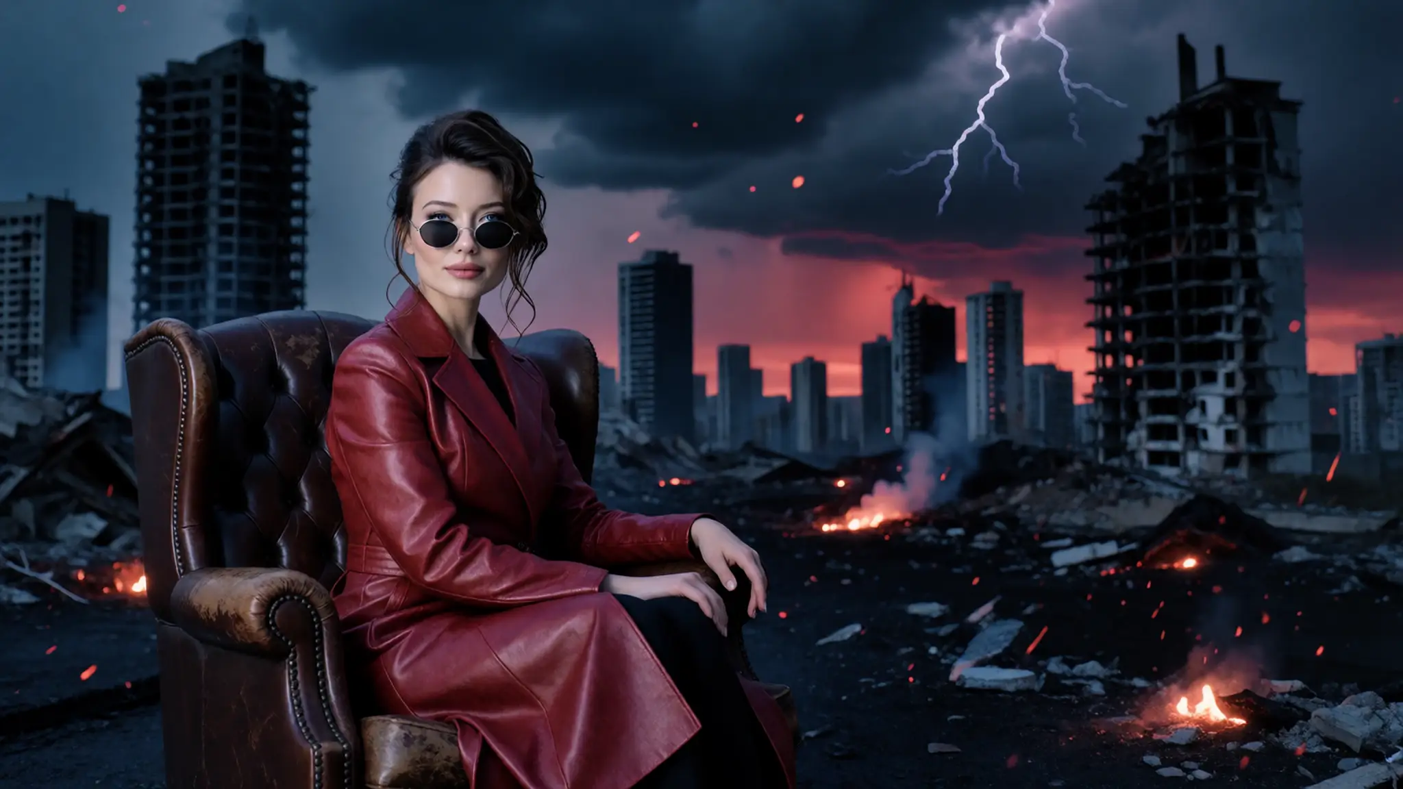 Nova dans un fauteuil en cuir, au milieu d'une ville en ruines, la nuit