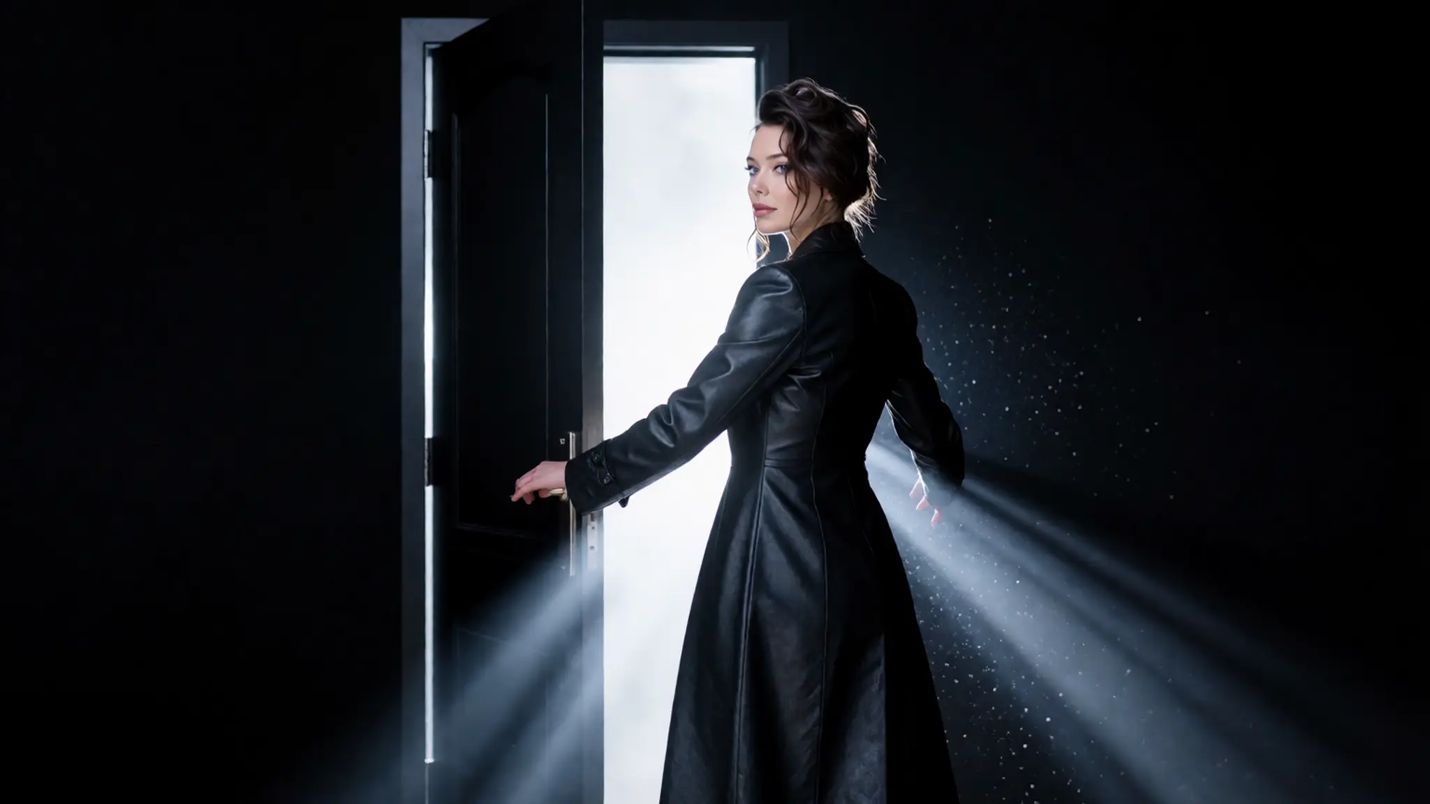 Nova, en long manteau noir, ouvre une porte noire derrière laquelle brille une lumière blanche