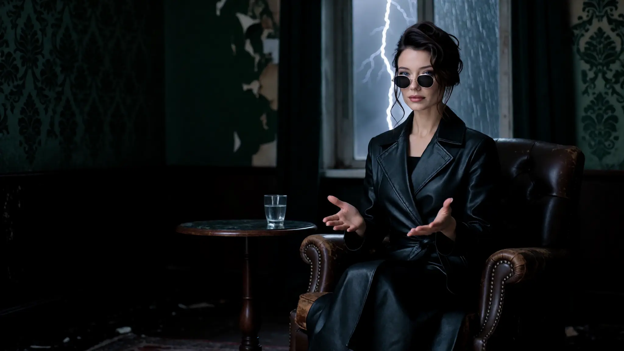 Nova, en imper de cuir noir et lunettes noires, assise dans le fauteuil d'une chambre d'hôtel délabrée, te présente ses deux mains ouvertes