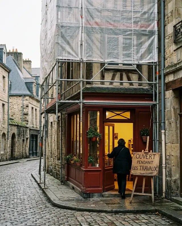 A shop under scaffolding, door open, with a sign that reads “Open during renovation”